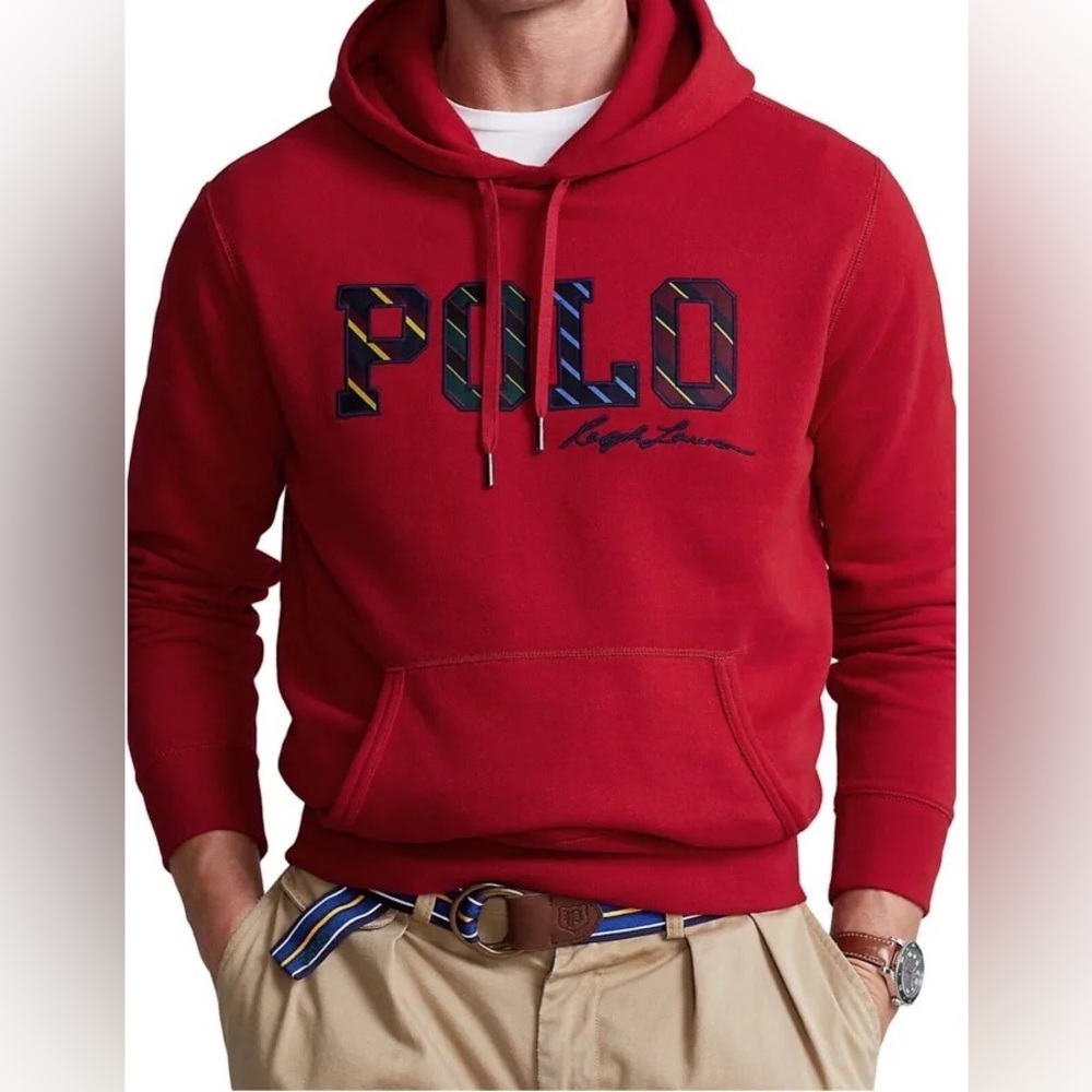 Polo Ralph Lauren Red Varsity Striped Logo Hoodie Sweatshirt Size Large